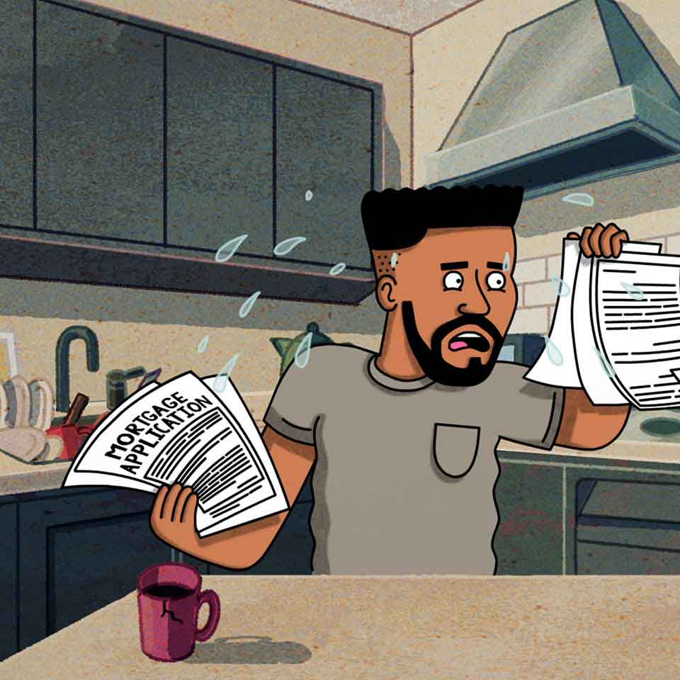 Illustration of a man looking at an abundance of mortgage paperwork, stressed, sweating.